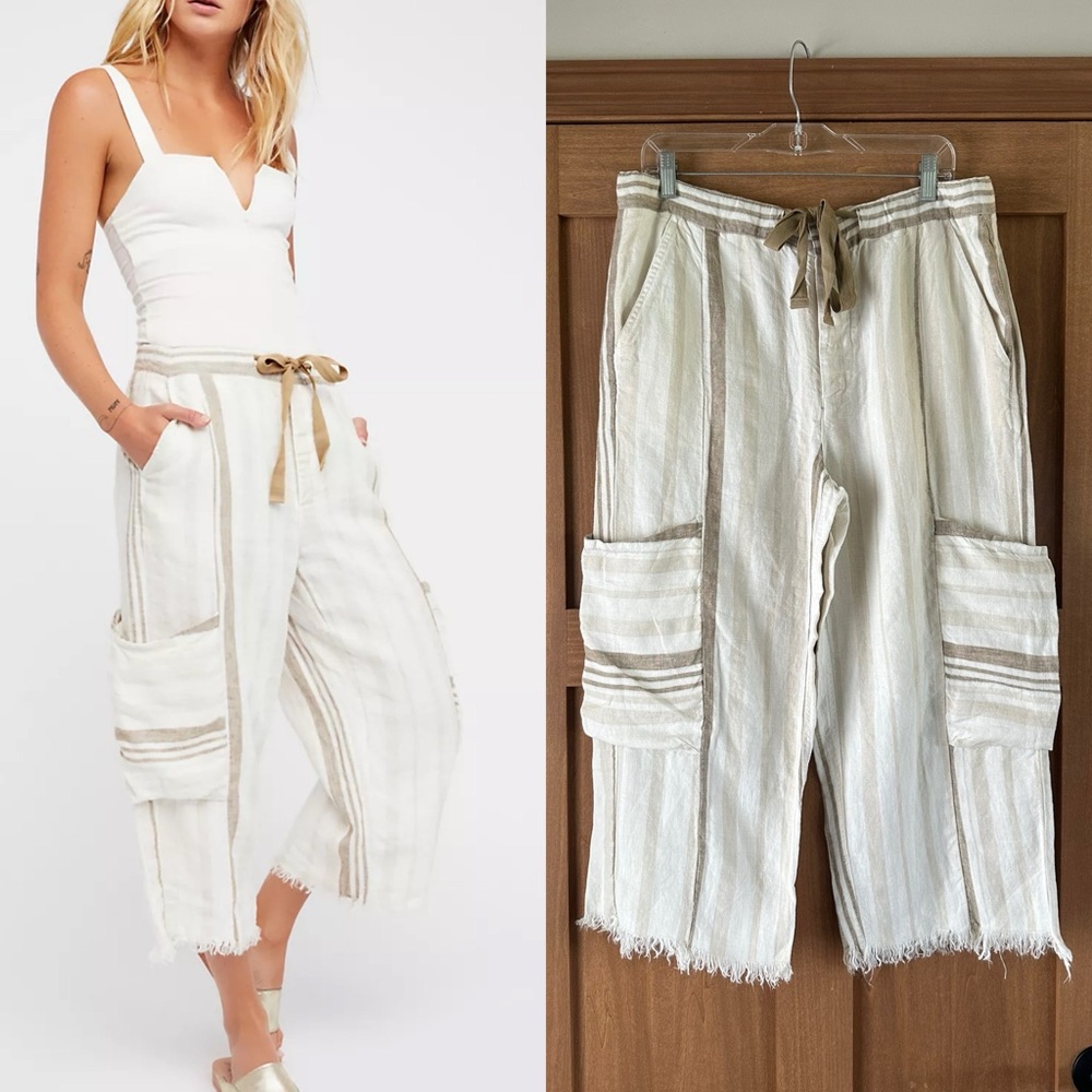 NWOT Free People Glory Days Striped 100% Linen Pants Frayed Hem size Small - Picture 1 of 16
